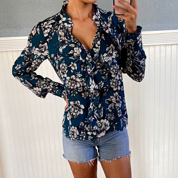 Parker Silk Green WhiteFloral Ruffle Long Sleeve V Neck Blouse Top Small - Picture 2 of 5